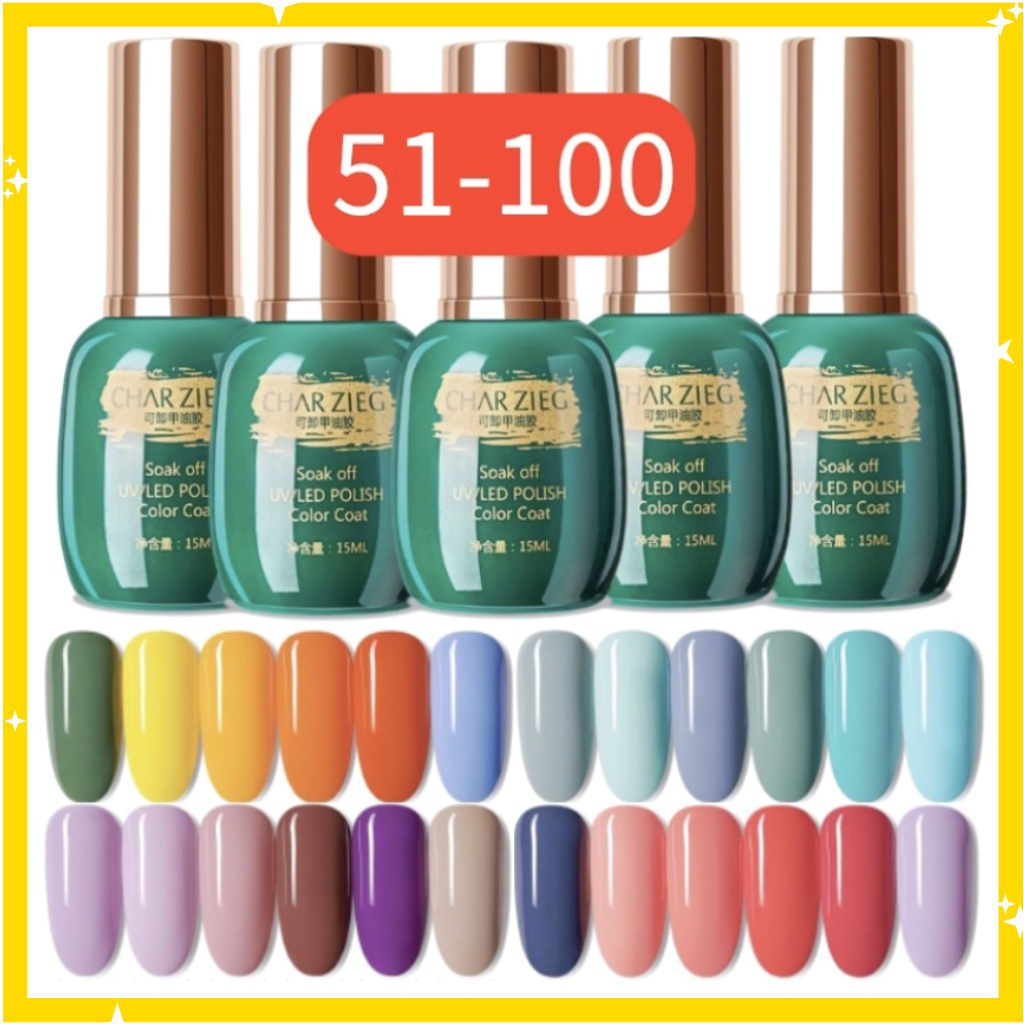 (51-100) CHARZIEG Kutek Soak Off Gel 15 ml Halal UV Polish Cat Kuku Tahan 2 Bulan KU007