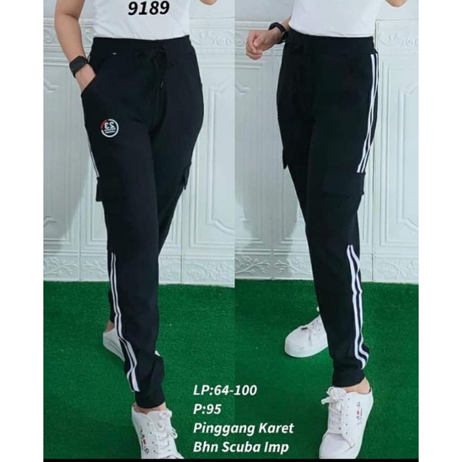 Celana training wanita Jogger sport jogger cargo panjang import training sport list putih-2