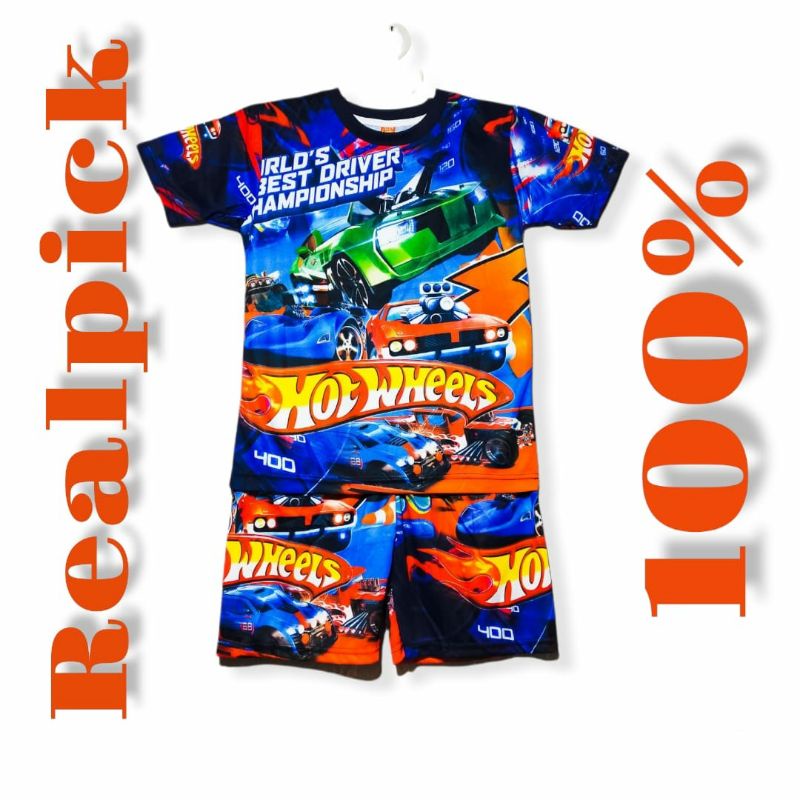 setelan baju anak motif hot wheels
