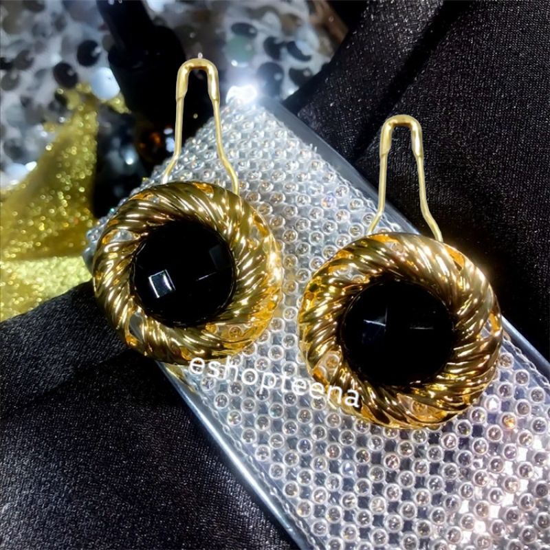 A165 anting hijab bulat mata besar hitam gold_anting jilbab