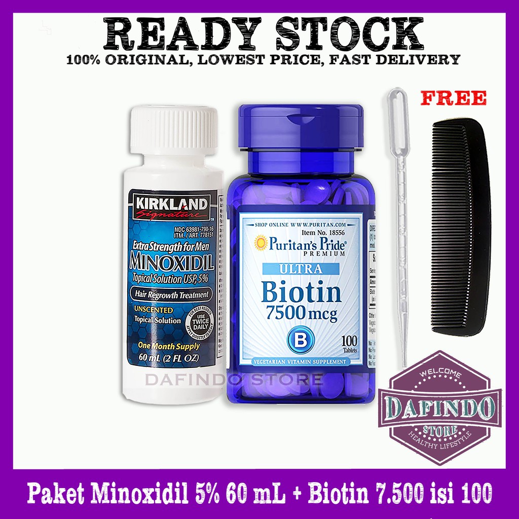 Paket Kirkland Minoxidil 5% 60mL + Puritans Biotin 7500 Mcg isi 100 Tablets