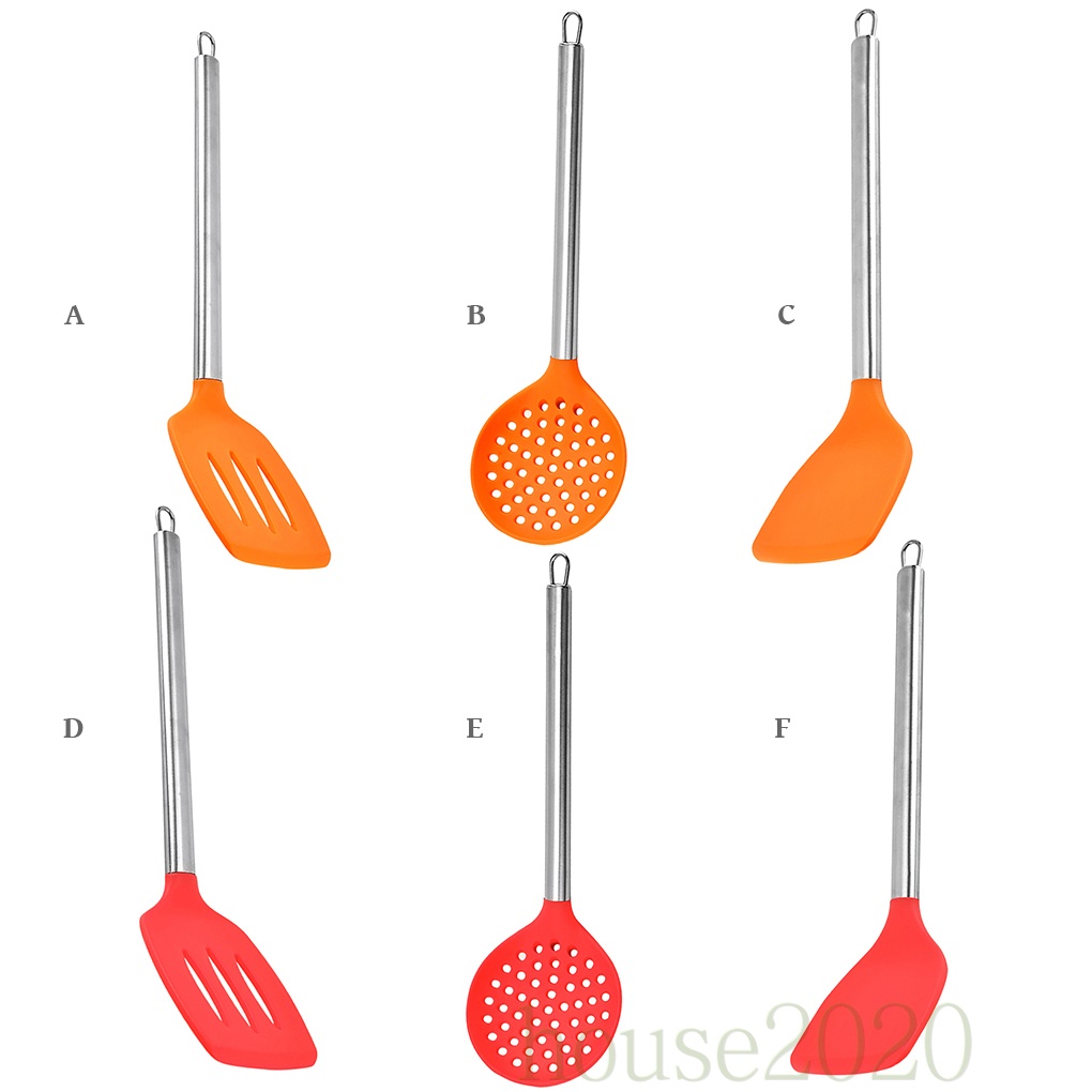 (House2020) Spatula Slotted Turner Bahan Silikon Flexible Warna Oranye