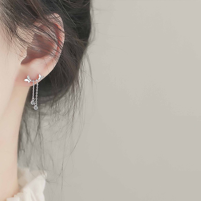 Fashion Aksesoris S925 Anting-Anting Perak Murni Kecil Segar Ganda Kupu-kupu Desain Kuku Telinga