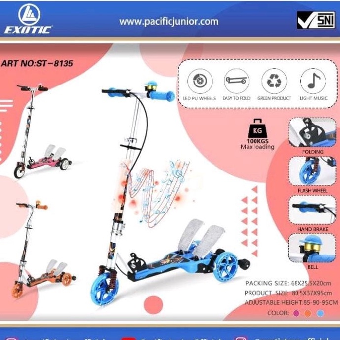 Skuter Injak Pedal Dobel Ganda ada Musik Exotic ST 8135. Otoped Sekuter Scooter Genjot Alloy Bisa Dilipat. Ringan