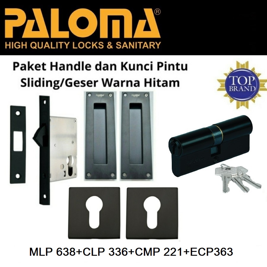 PALOMA Kunci Pintu Sliding Geser Hitam Set Handle Tanam Hitam