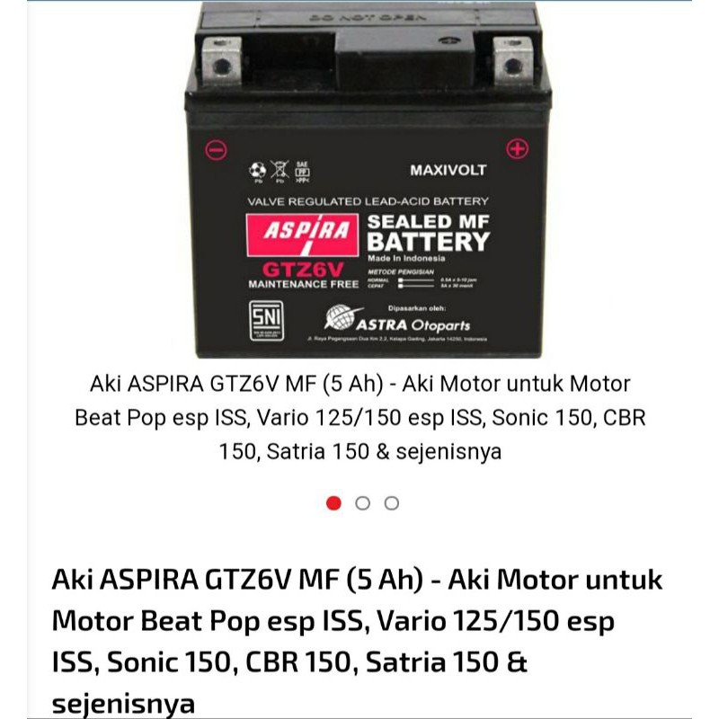 AKI/ ACCU Kering Aspira GTZ6V 12V 5Ah