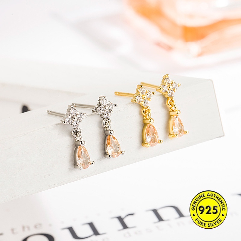 Anting Tusuk Sterling Silver 925 Bentuk Tetesan Air Warna Oranye Sampanye Untuk Wanita