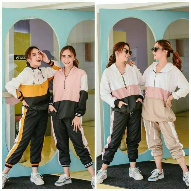 Vielin Training set hoddie bahan parasut tipis/setelan olahraga wanita/setelan jogging pagi