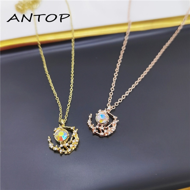 Moon Diamond Moonstone Necklace Desain Sederhana Kalung Mewah Ringan ANTOP