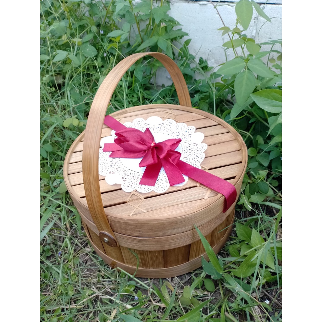 Keranjang bambu bulat 25cm cangking pita/wadah seserahan/kotak lamaran/hantaran/hadiah/natal/lebaran