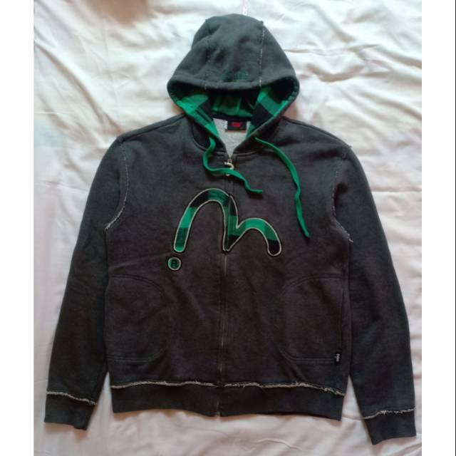 JAKET PRIA ZIPPER HOODIE ORIGINAL EVISU DENIM MASTER VINTAGE JEAN DARK GREY GREEN SIZE L