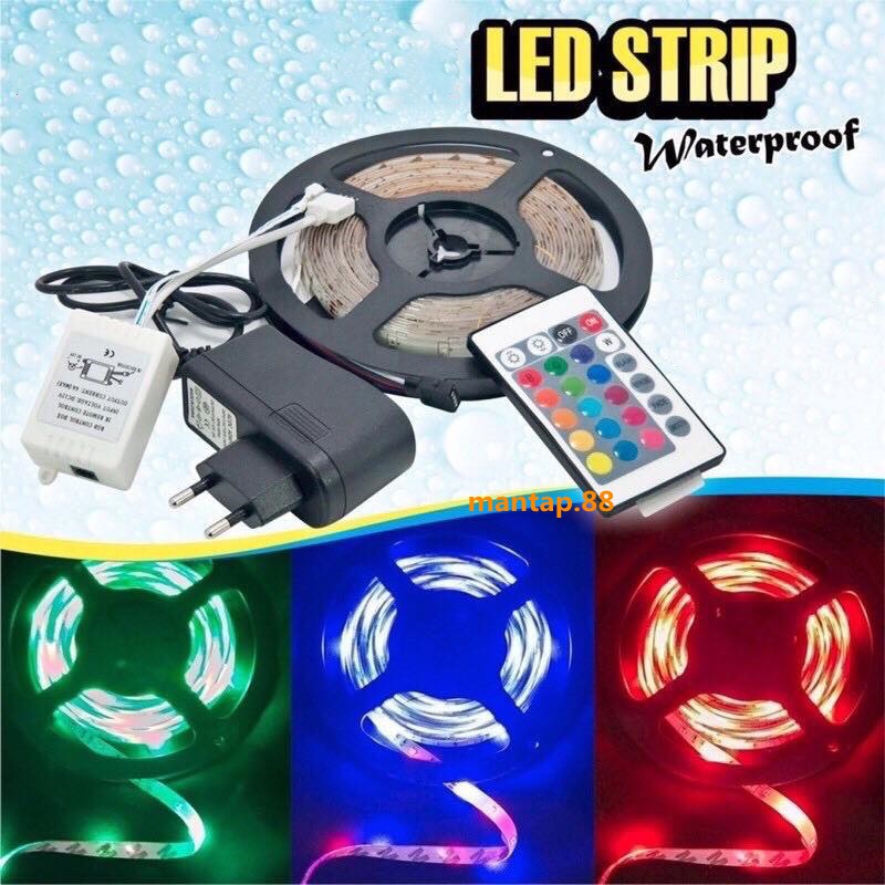 LAMPU LED STRIP 2835 5M RGB SETSMD WARNA WARNI IP65 AC 220V ADAPTOR + REMOTE+MODUL