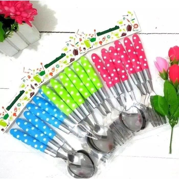 [COD] SENDOK DAN GARPU MAKAN MOTIF POLKADOT STAINLESS STELL -  ISI 6 PCS