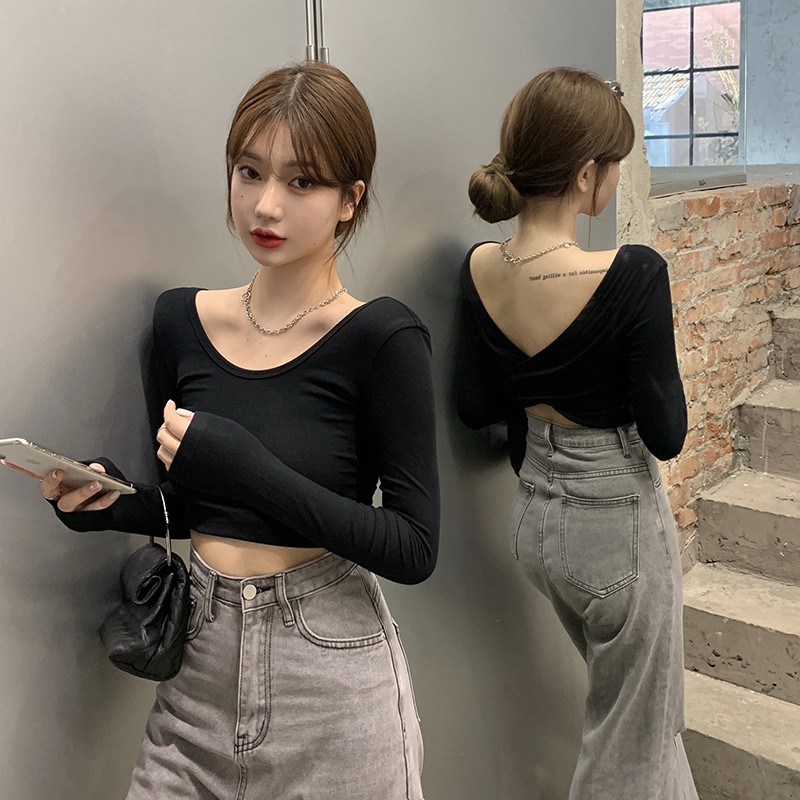 Licik Desain Back Cross Backless Lengan PanjangTT-shirt Wanita Warna Solid Slim Bottoming Kemeja