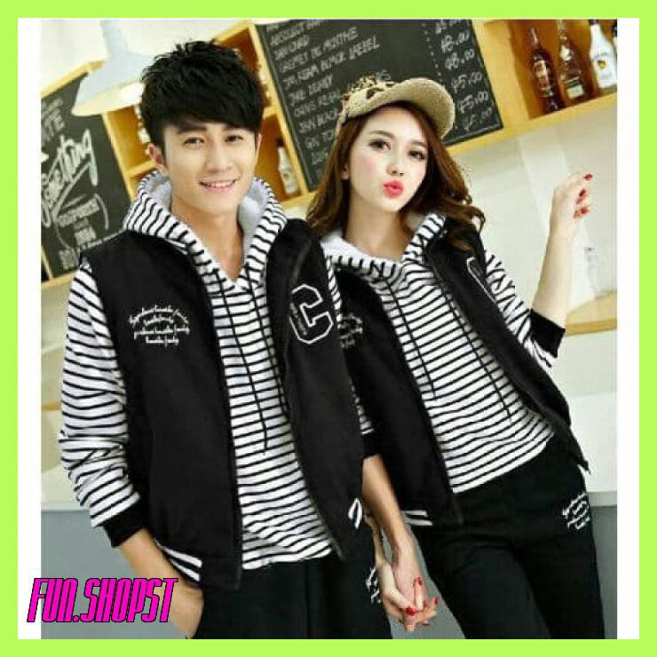 COUPLE JAKET C HOODIE STRIPE - HITAM