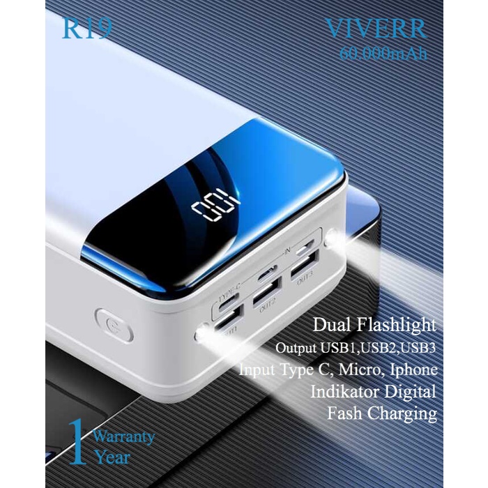 Powerbank VIVERR R19 kapasitas 60.000 mAh Original Cocok buat semua merek HP Gadget Garansi 1 Tahun.