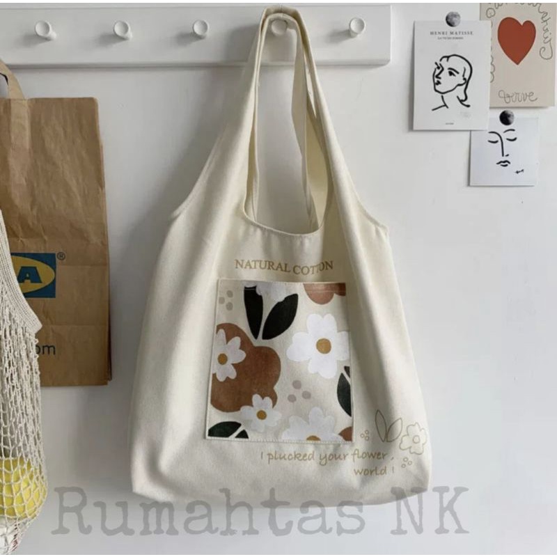 Totebag Vintage Saku Depan Populer Tas Tote-Bunga natural