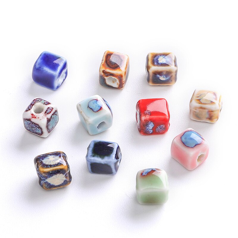 10 Pcs Manik-Manik Kubus Keramik Porselen Ukuran 7mm Gaya China Untuk Membuat Perhiasan Liontin Gelang