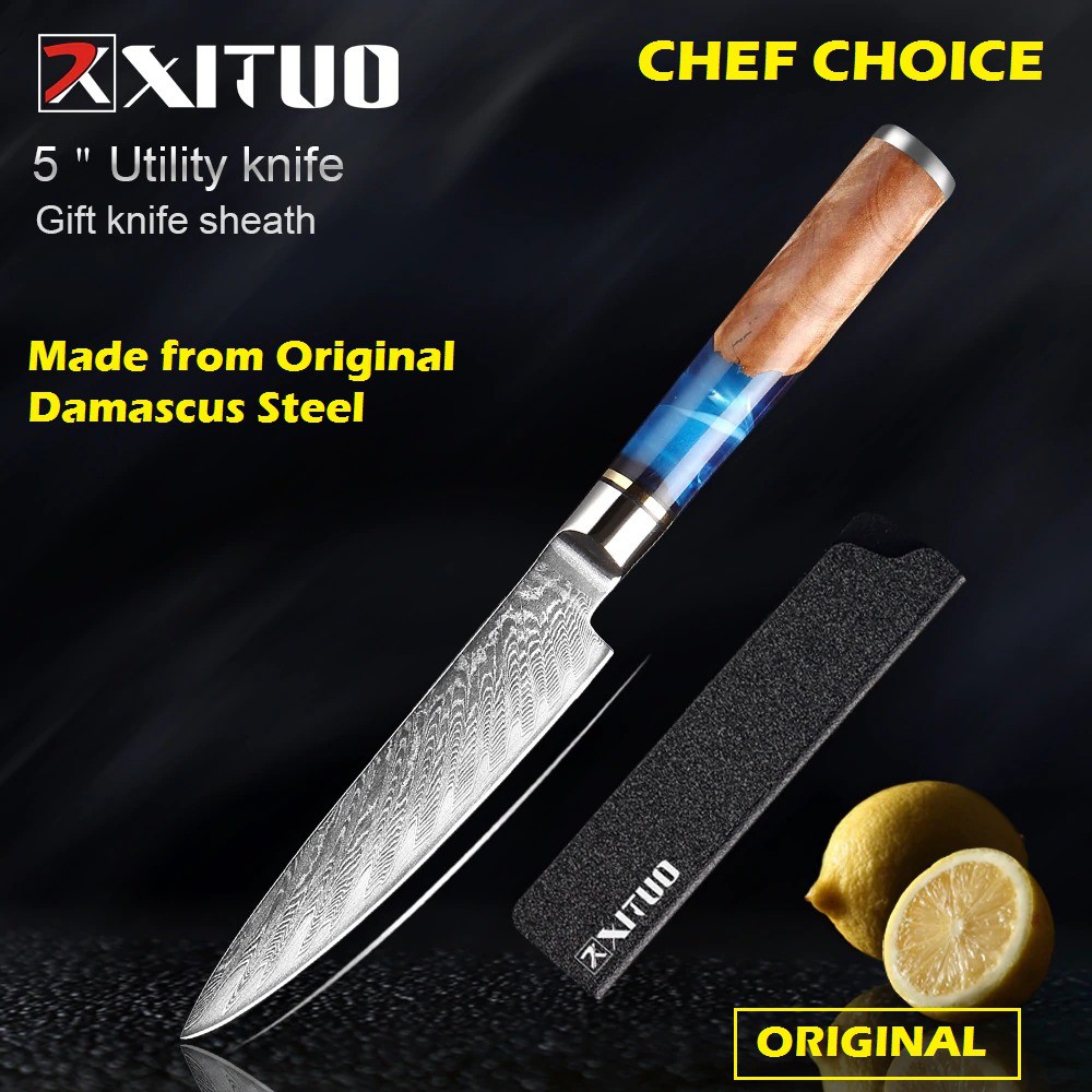 XITUO Pisau Dapur Utility Damascus Pattern Thousand Feather 5 Inch - DL022 - Silver