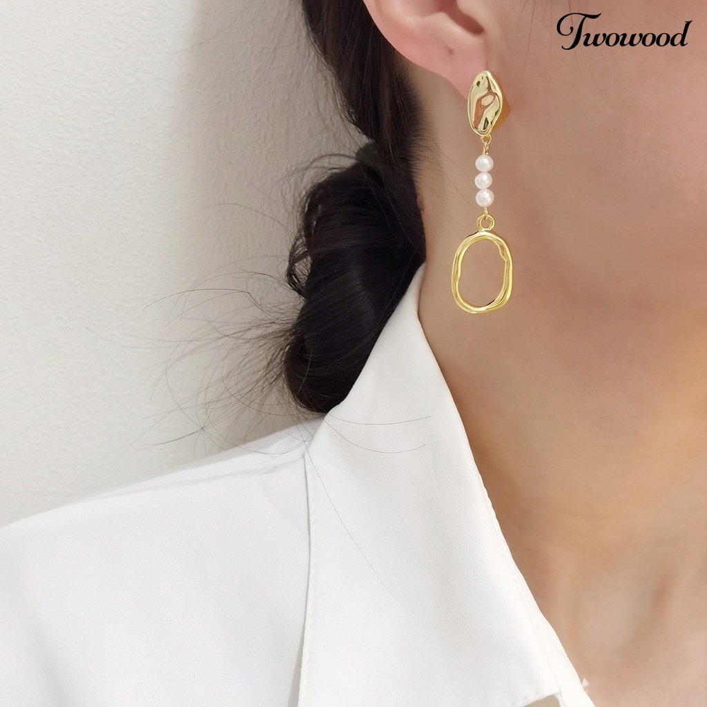 1 Pasang Anting Stud Geometris Menjuntai Aksen Mutiara Tiruan Untuk Kencan