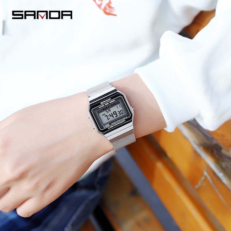 SANDA 6017 Jam Tangan Wanita Digital Sport EL Backlight Tali Stainless Shockproof Anti air WATCHKITE WKOS