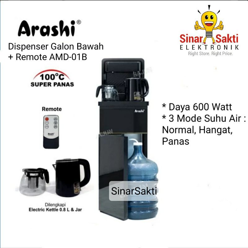 Arashi Dispenser Multifungsi Galon Bawah + Remote AMD-01B Panas Normal amd 01b Malang murah