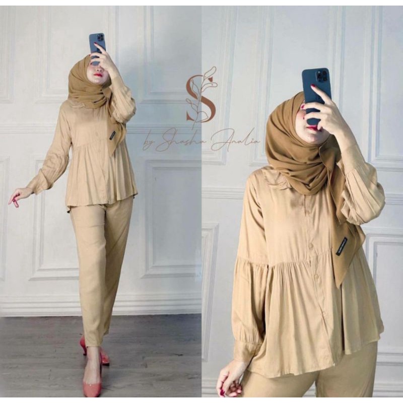 Amanda set - One Set Wanita Rayon Premium Setelan Wanita Rempel Celana Panjang Set Rayon Kekinian LD 110 cm