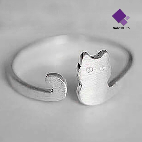 Cincin Model Terbuka Adjustable Desain Kucing Lapis Silver Untuk Wanita