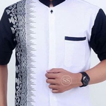 Baju Koko Pria Kombinasi Bordir Batik Lengan Pendek Motif Gitar Original Katun Halus Premium