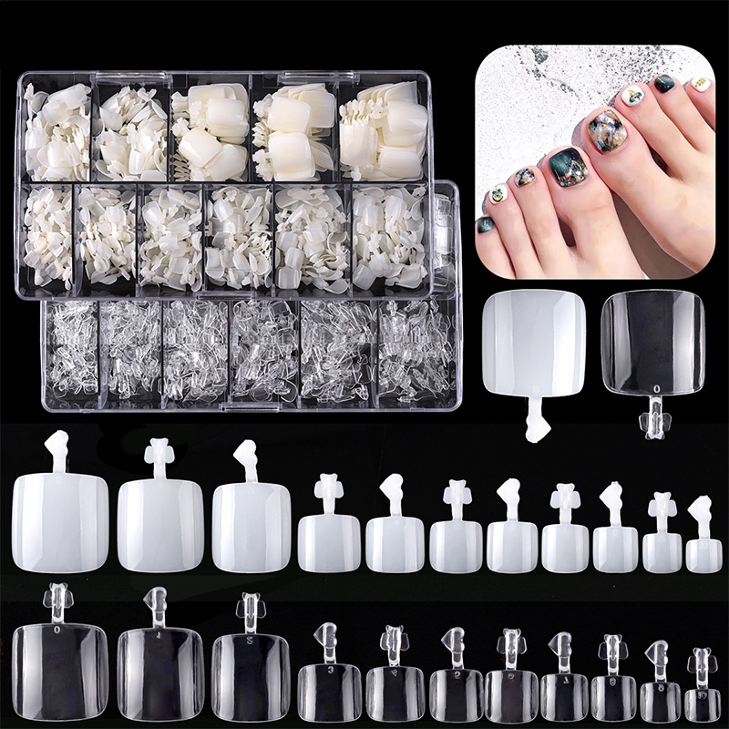 550pcs / Kotak Kuku Kaki Palsu Full Cover Warna Putih Bening Natural Bahan Akrilik Untuk Nail Art