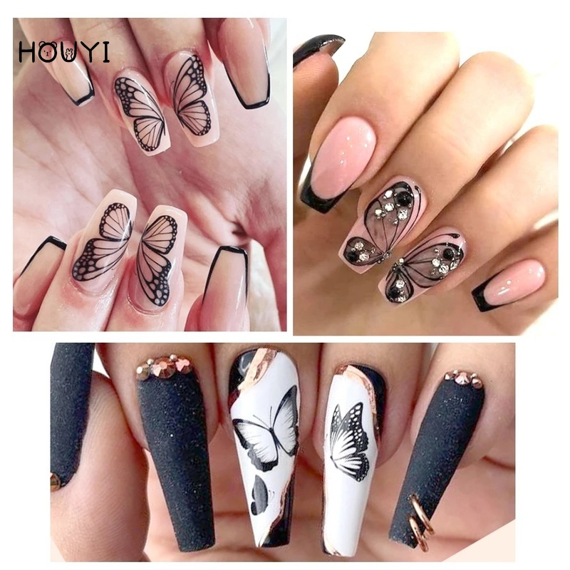 1 Lembar Stiker Kuku Desain Kupu-Kupu Bunga Geometri Warna Hitam Putih Untuk Dekorasi Nail Art Wanita Butterfly