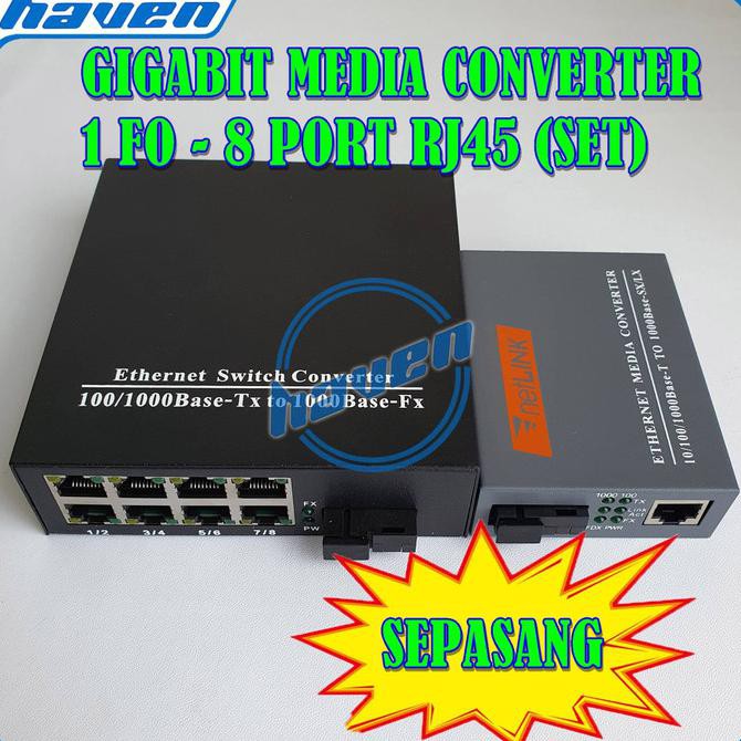 GIGABIT MEDIA CONVERTER FIBER OPTIK 1 FO 8 LAN SEPASANG FO CONVERTER