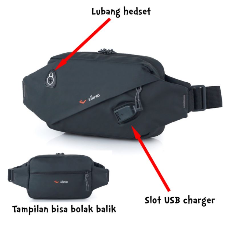 AUTHENTIC Tas Selempang Slempang Waist Bag Pria Cowok Anti Air Bolak Balik Slingbag Tas Hp Kecil Waterproof slot usb Murah