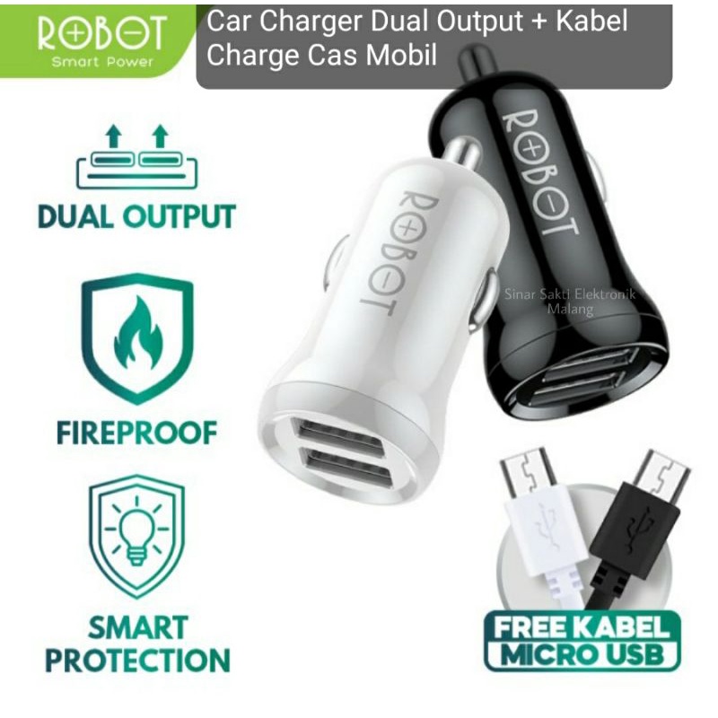 Robot Car Charger HP Dual Output + Kabel USB Charge Cas Colokan Mobil Handphone Smartphone