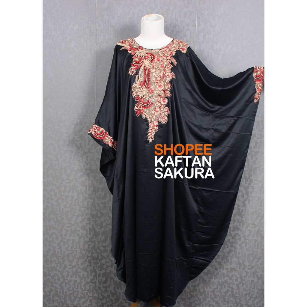 Dress Kaftan Wanita terbaru Bordir Bahan Satin PREMIUM Murah Warna Hitam Merah Pink Cantik untuk kaftan Lebaran Pesta Kondangan mewah