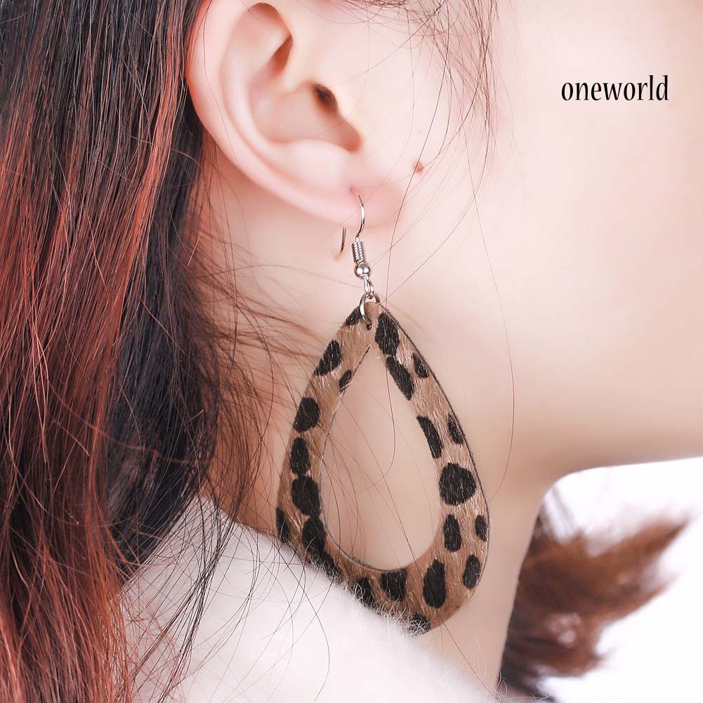 OW# Women Leopard Print Teardrop Dangle Faux Leather Hook Earrings Jewelry Gift