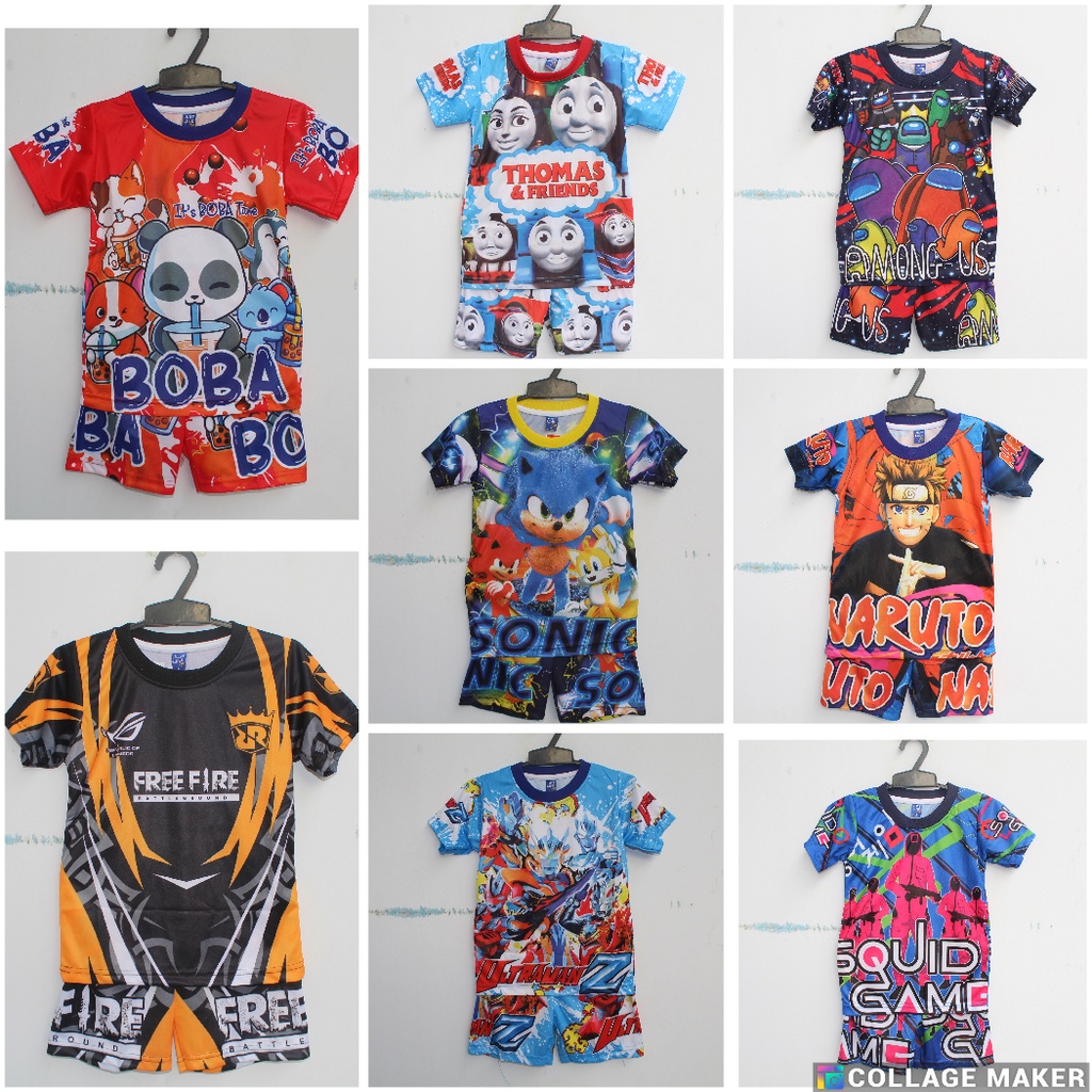 setelan baju anak  thomas/stelan jersey baju thomas/BAJU SQUID GAME/SETELAN BOBA PLAYTIME/KAOS SONIC/KAOS NARUTO/BAJU ULTRAMAN full print size 2-12thn