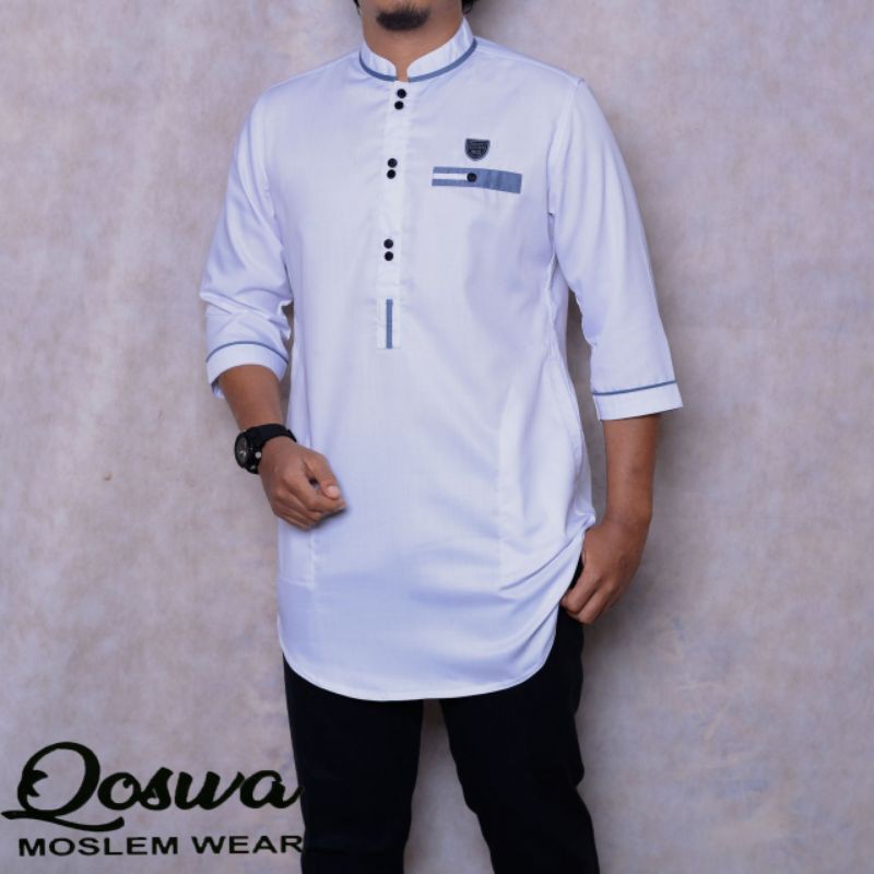 SPECIAL PROMO Baju Muslim Pria Dewasa Kurta Pakistan Koko Murah Original Qoswa NEW Best Seller-Putih