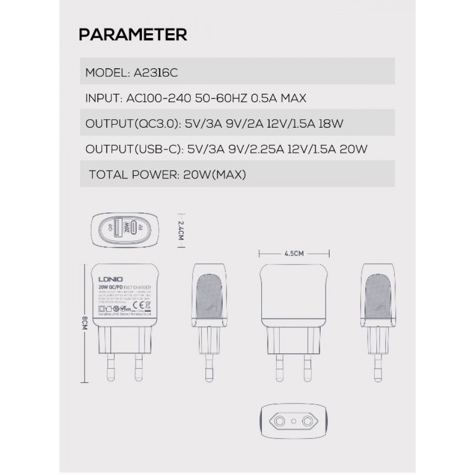 572 LDNIO A2316C - Dual Port Wall Charger - PD Charge and QC3.0 - 20W Max