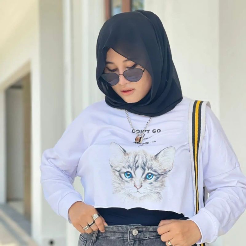 memousa crop top white cat hope white series  Long Sleeve Atasan Crop Wanita