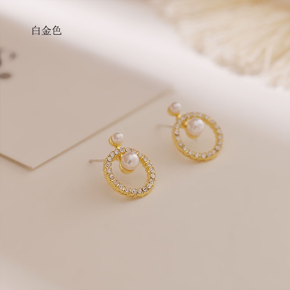 1 Pasang Korea Gaya Baru Ringan Mewah Bulat Geometris Zirkon Pearl Stud Earrings untuk Wanita