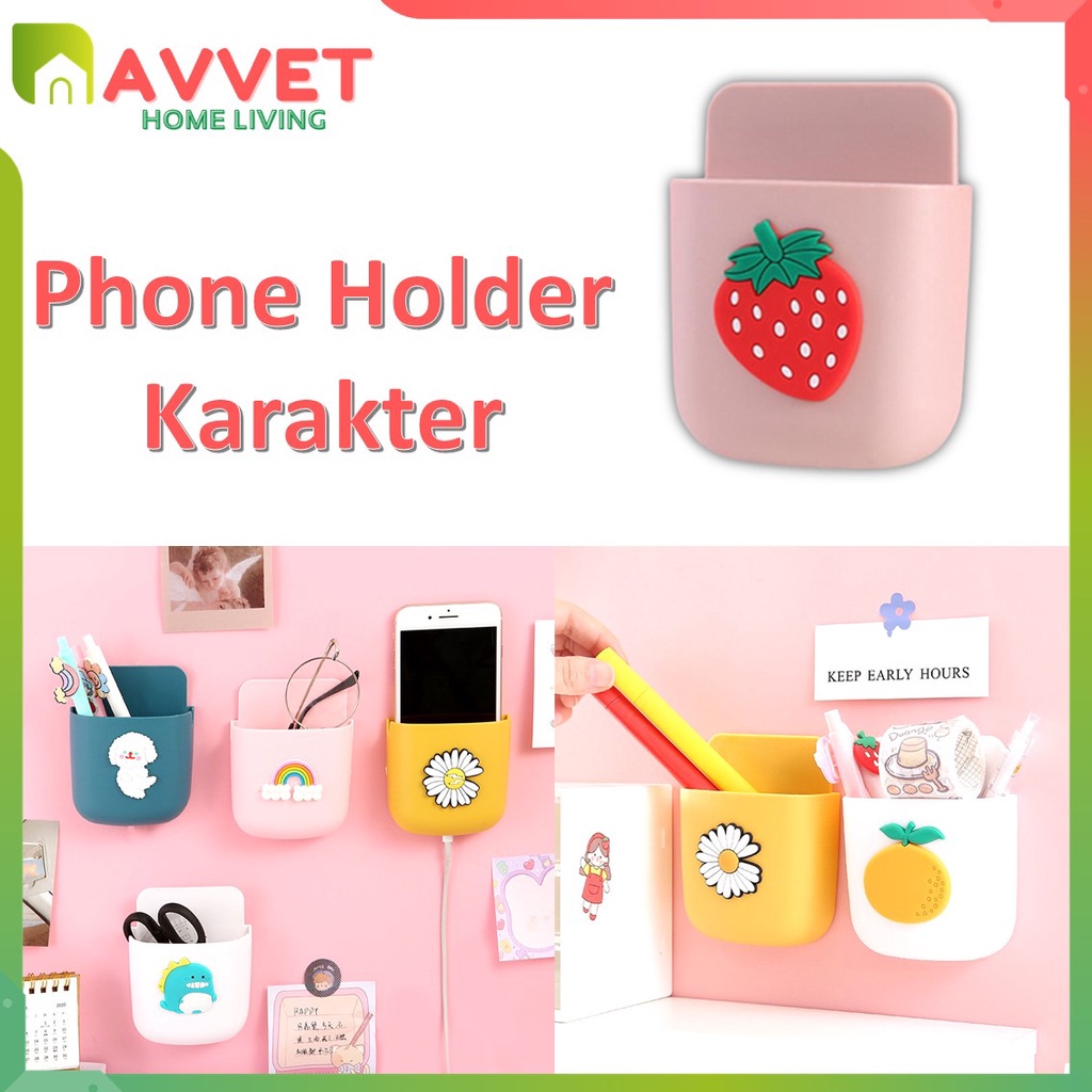 AVVET Holder HP Motif Lucu Tempel Dinding Rak Serbaguna Colokan HP Remot Tempel Tembok Wall Phone Holder Gaya Korea Tempat Handphone &amp; Remote TV Import Murah