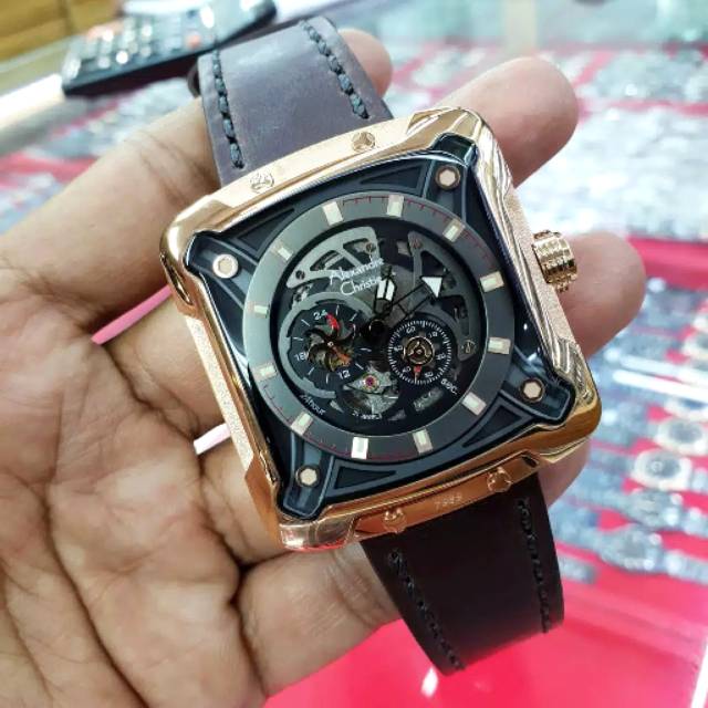 Alexandre christie original ac3030 tali kulit coklat rosegold automatic