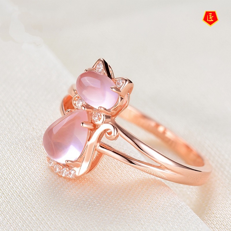 [Ready Stock]Rose Gold Pink Quartz Cat Ring Elegant and Sweet