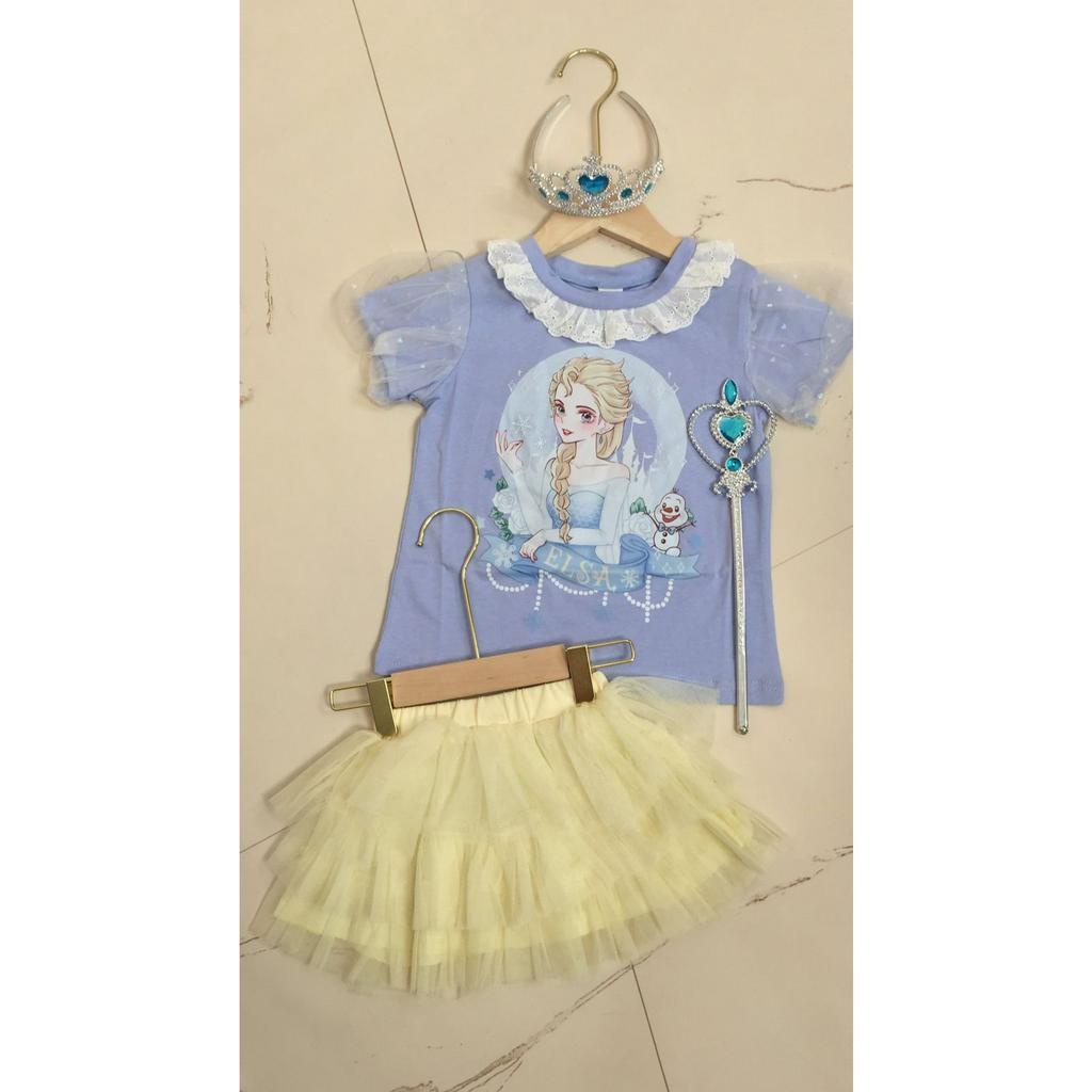 Kaos Lengan Pendek Motif Princess Kerah Renda Lengan Balon