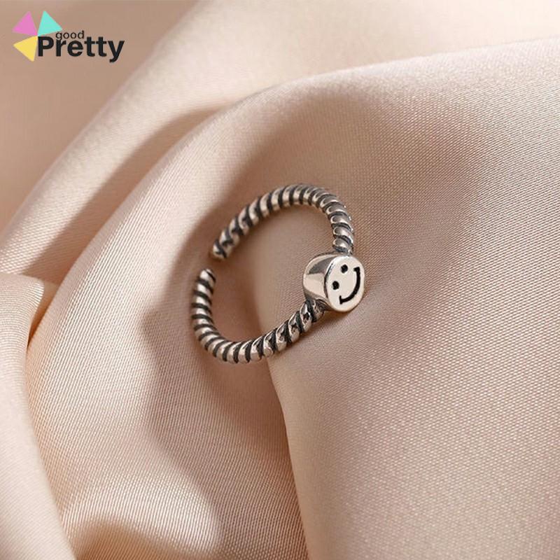 2 PCS Retro Smiley Cincin Wanita Fashion Kepribadian Pembukaan Cincin Dapat Disesuaikan - PD