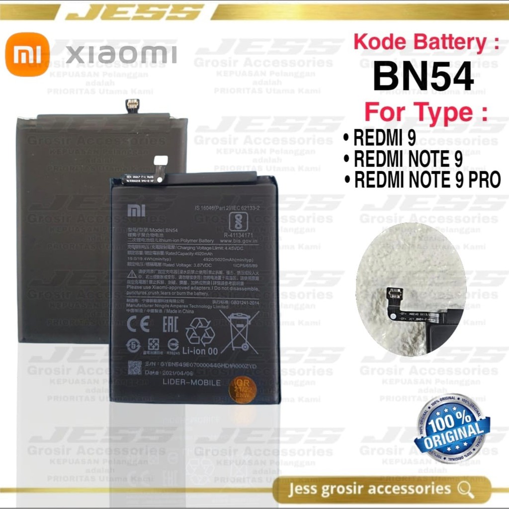 Baterai Battery Original Xiaomi Redmi 9 , Redmi Note 9 , Note 9 Pro , Redmi Note 10 Pro , BN54 BN-54