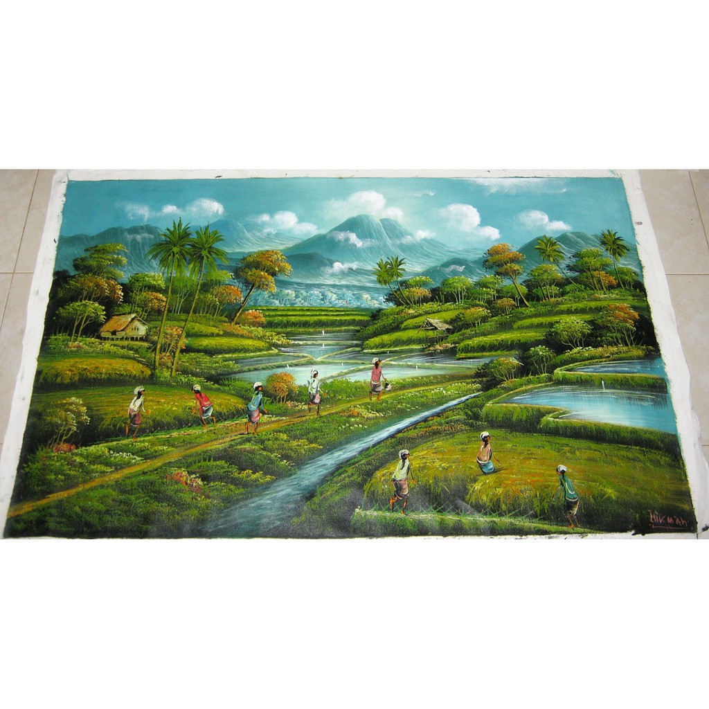 Lukisan Panen Padi Dan Pemandangan Terasering Yang Sangat Indah