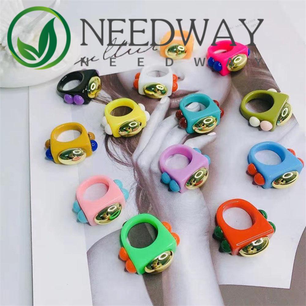 Needway  Men Finger Rings 2021 New Style Thumb Rings Rings Metal Ball Rectangle Square Candy Color Resin Geometric Korea Fashion Jewelry/Multicolor