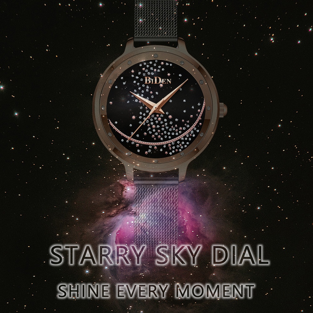 BIDEN Jam Tangan Wanita Anggun Berlian Starry Sky Dial Tali Jala Tahan Air Jam Tangan Wanita Cewek